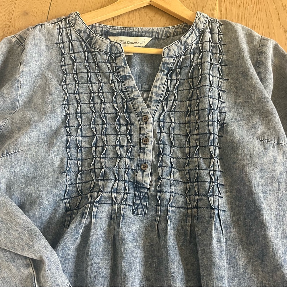 Mineral Wash 100% Cotton Denim Blouse | Pintuck Boho Henley Top XL - Picture 4 of 7